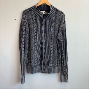 CARBON 2 COBALT Cardigan Linen Blend Full Zip Cable Knit Blue Sweater Large